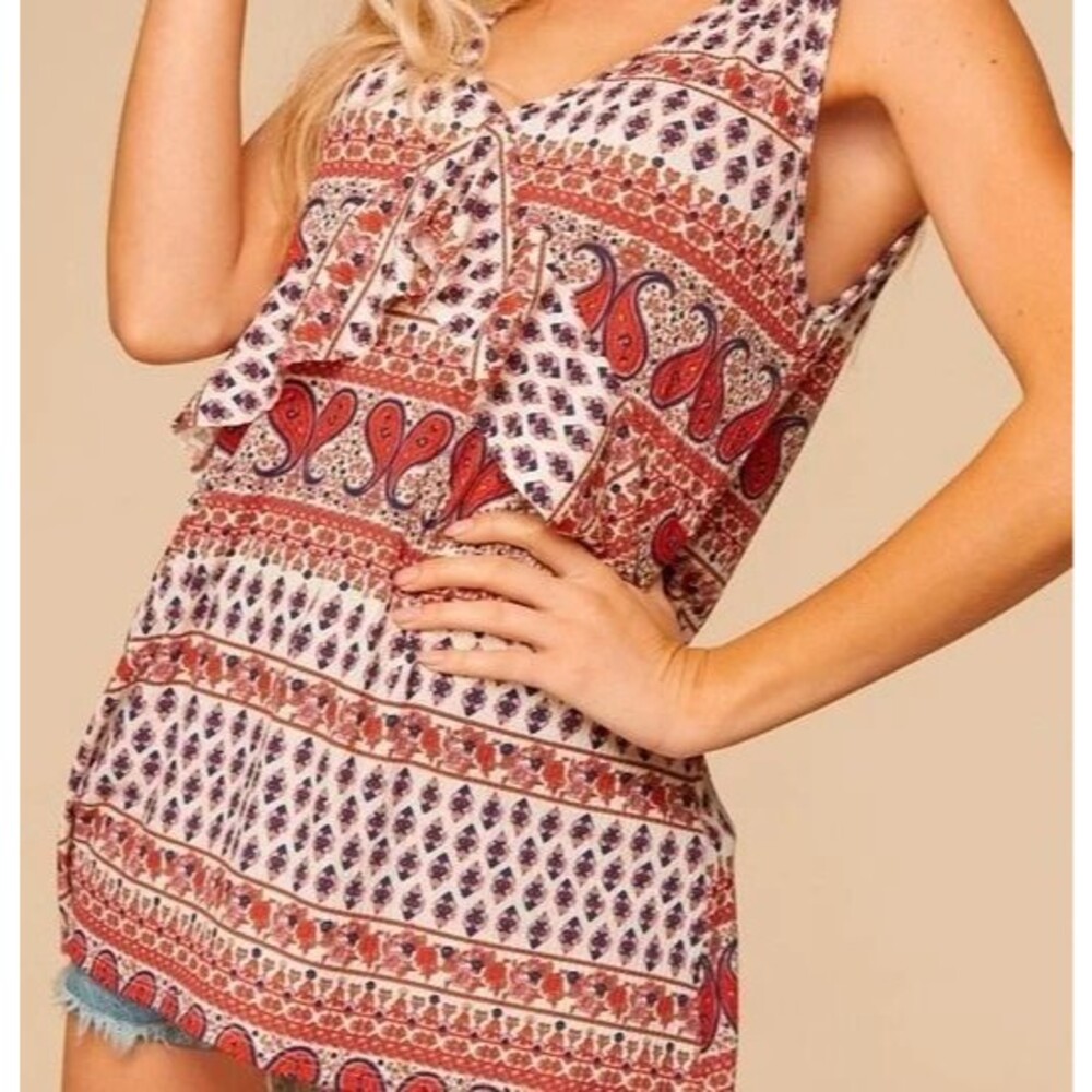 BOHO ETHNIC PRINT RIB V NECK TOP